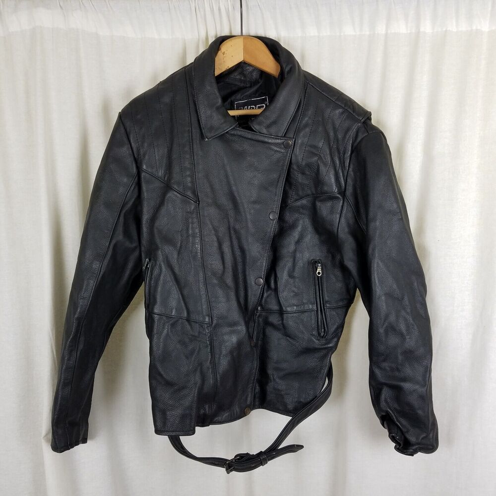 Vintage Raider Belted Black Leather Motorcycle Jacket Womens 16 Fitted Zip Snap